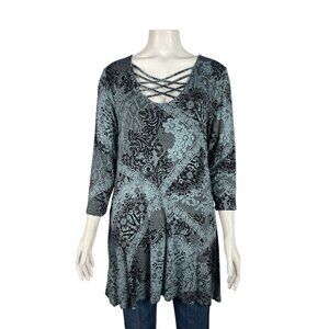 NEW Maurices 3/4 Sleeve Paisley Cross Front Shirt Large Tunic Pockets Blue